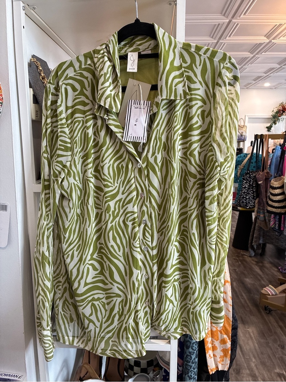 Joie Green and White Zebra-Print Button-Front Shirt NWT